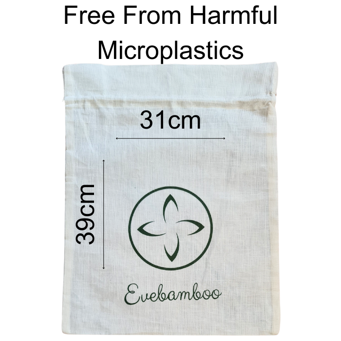 The Evebamboo Organic Laundry Wash Bag, 31 centimetres times 39 centimetres, reinforced seams, GOTS certified organic hemp and drawstring closure.