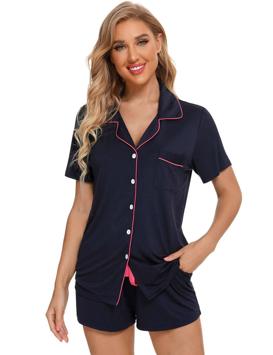Ladies short navy and pink bamboo sleepwear sets with contrast pink piping and drawstring