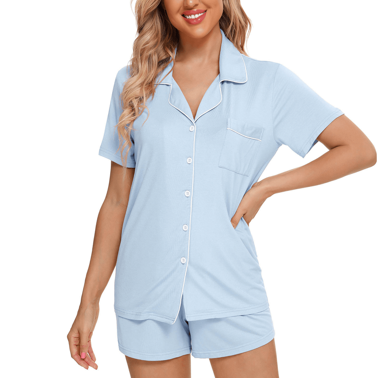 Luxuriously soft and silky short bamboo pyjama sets in baby blue and white contrast piping