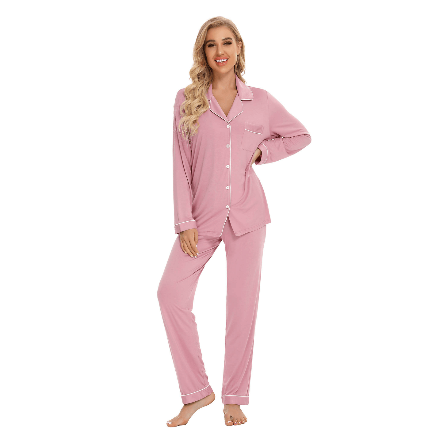Ladies bamboo dusky pink sleepwear sets with white piping and drawstring