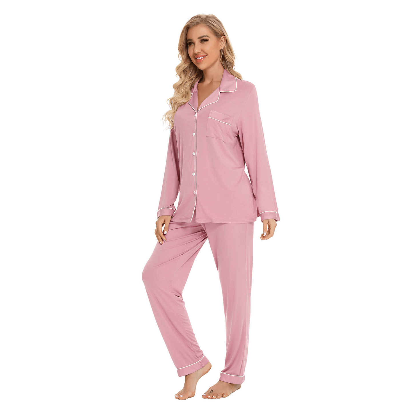 Long bamboo dusky pink pyjama sets with contrast white piping