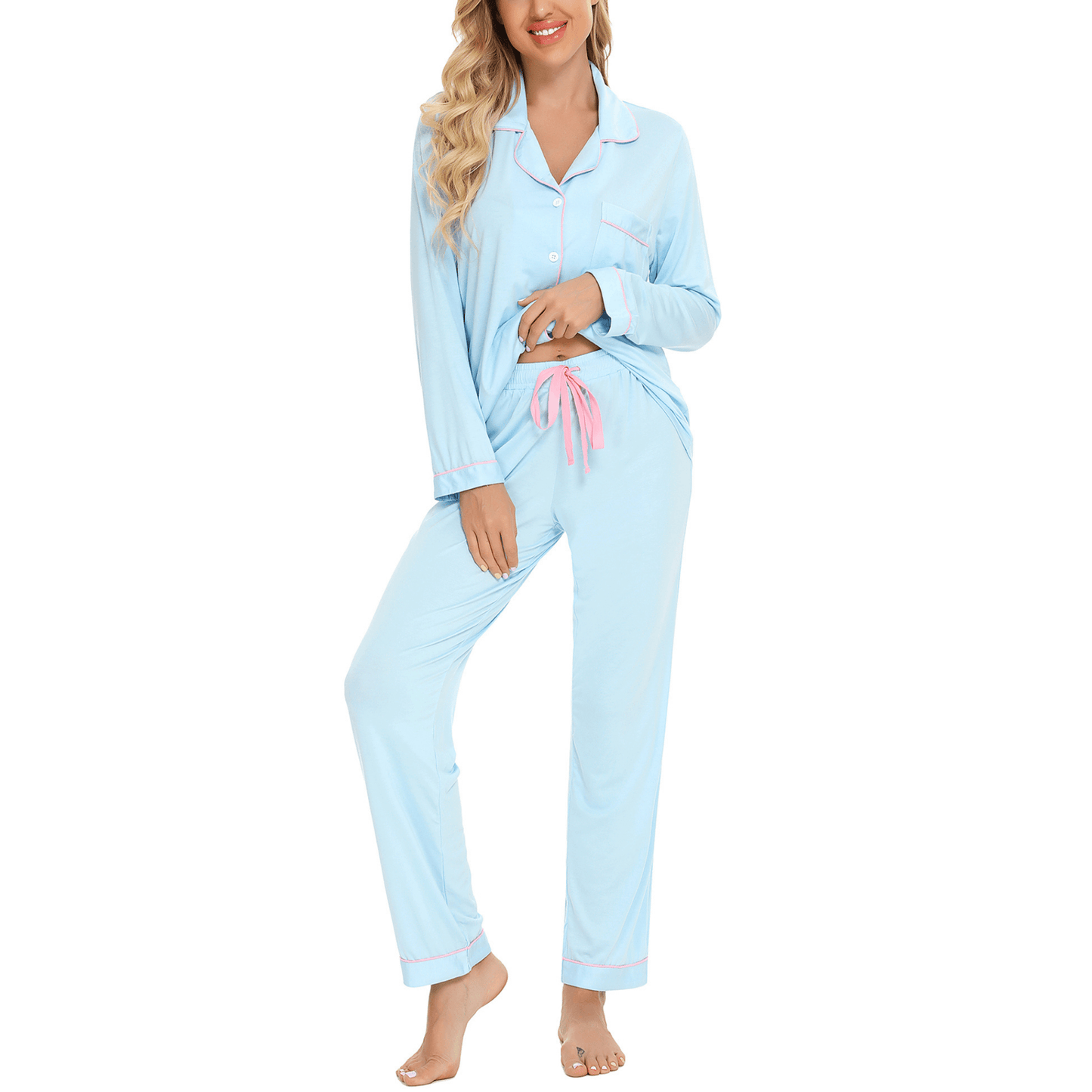 Silky soft bamboo sleepwear sets in baby blue and contrast pink piping and drawstring