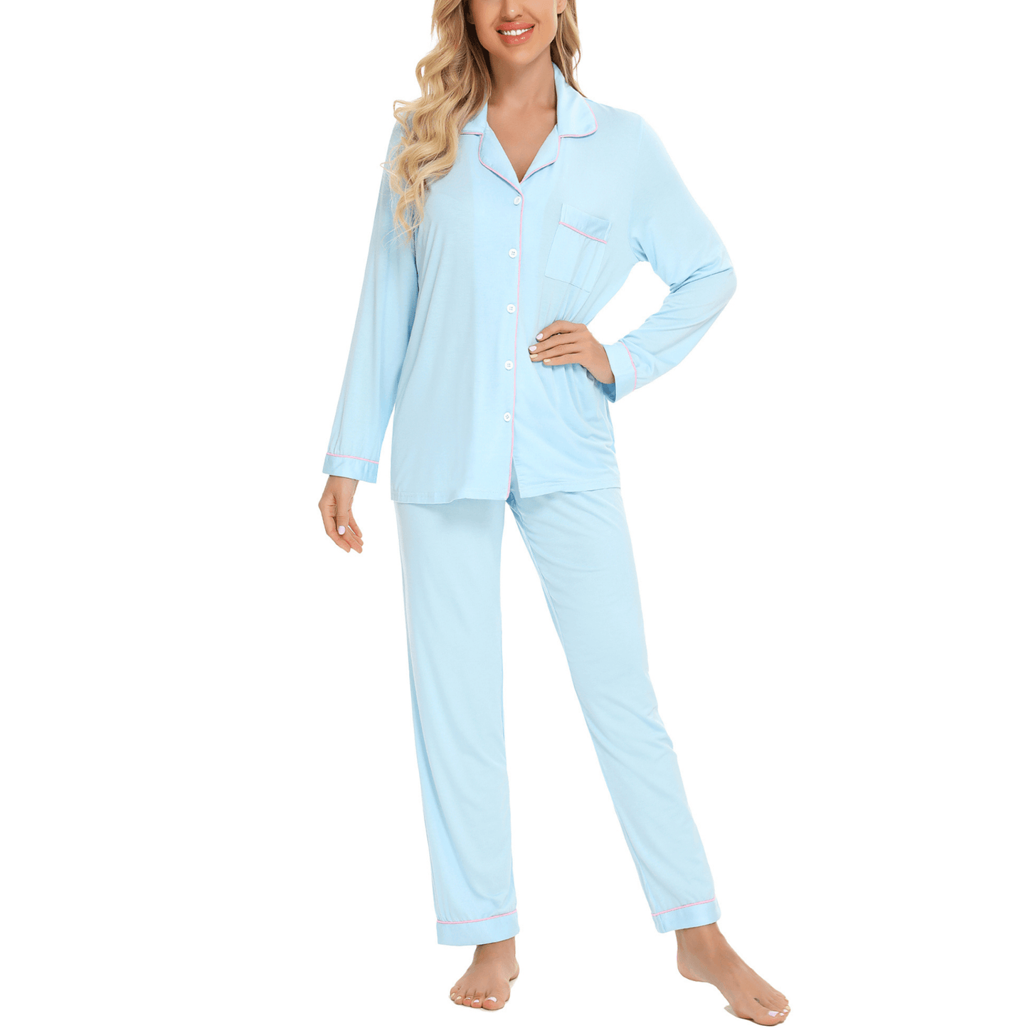 Long sleeve Baby Blue and Pink pyjamas in silky soft bamboo viscose, finished with pink contrast piping and drawstring.